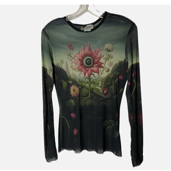 Monse Rose Printed Mesh Top Long-Sleeve Sheer - Picture 2 of 9